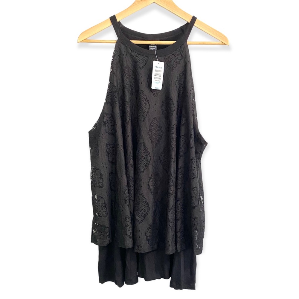 NWT Torrid Crochet Double Layer Split Back Tank Top, Solid Black, Sz 2